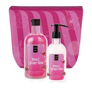 Lavish Care Jingle Cherry Rum Christmas Set – коледен комплект с душ гел 500 мл, блестящ лосион за тяло 300 мл и козметичен несесер.